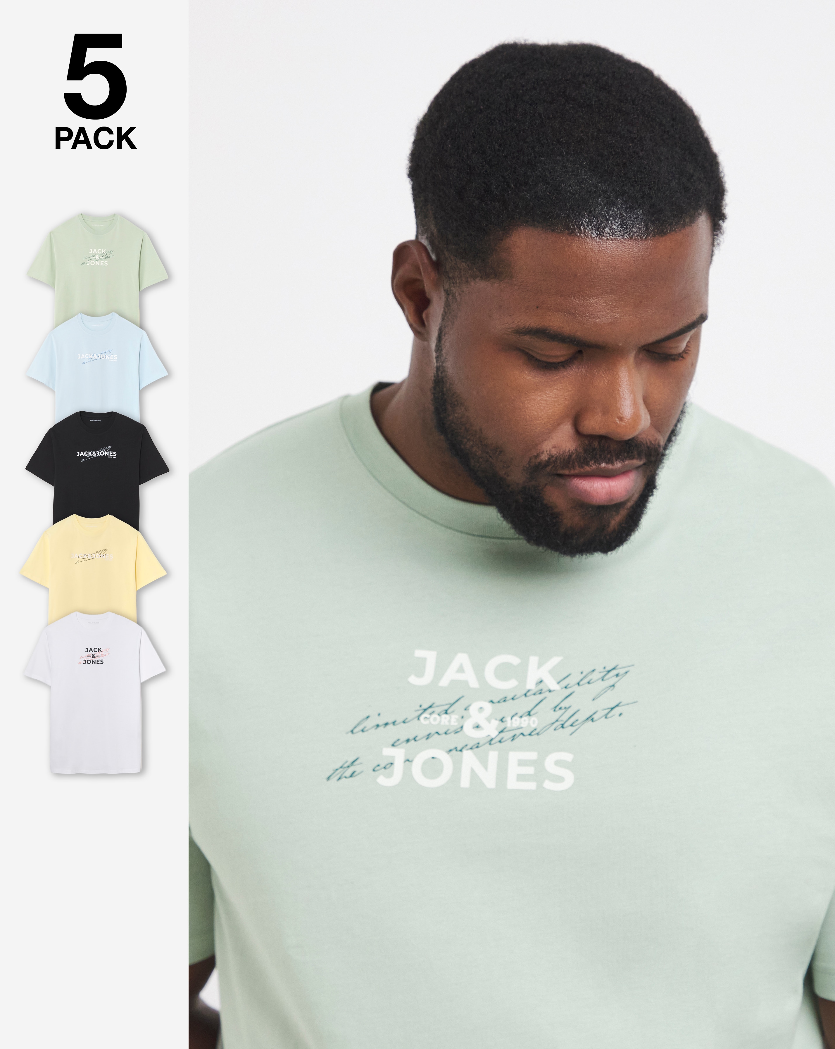New In - Jack & Jones Front Logo T-Shirt 5 Pack