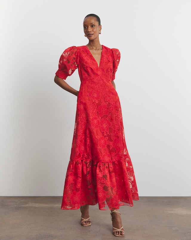 Joanna Hope Sheer Floral Dress - Coral