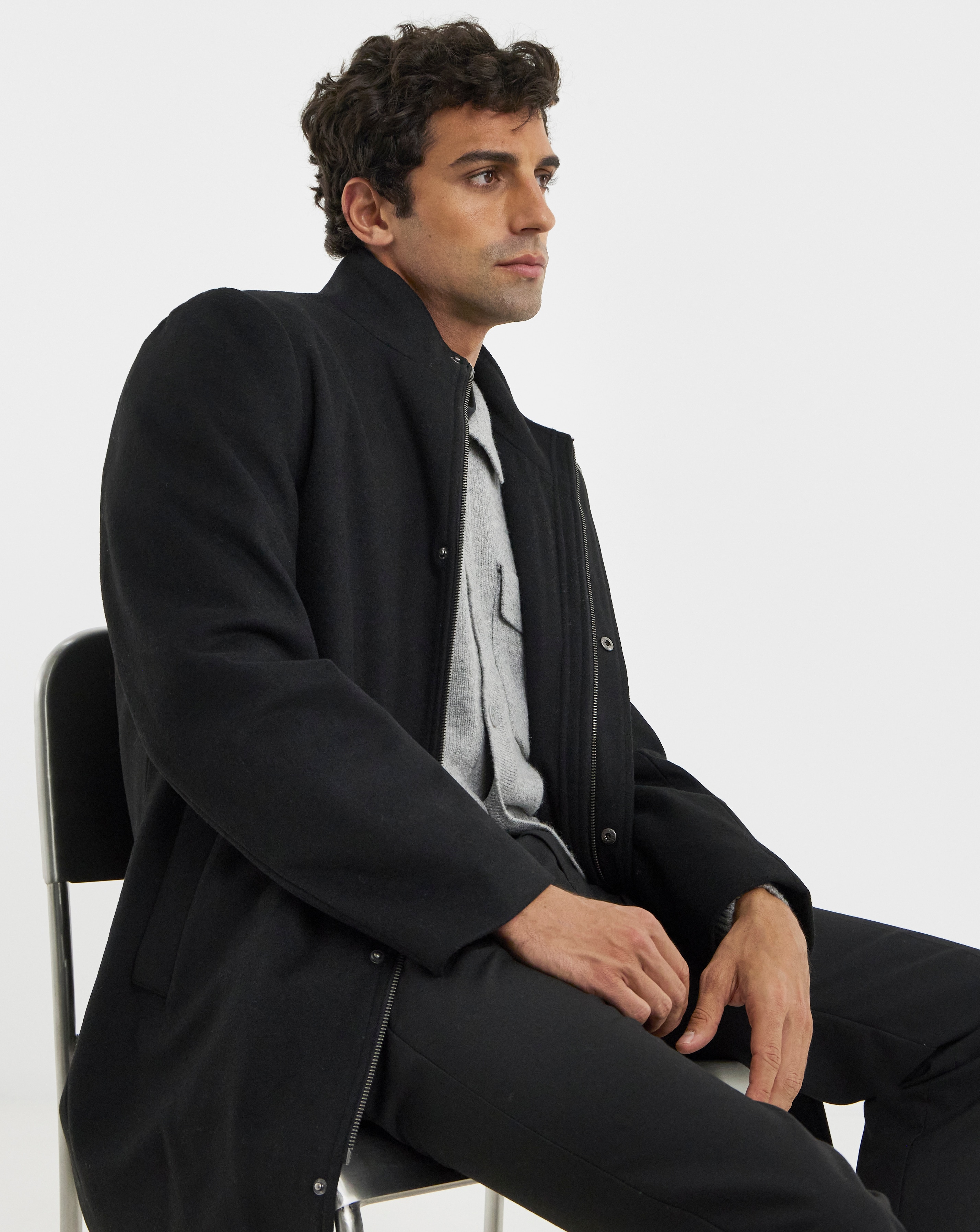 Black Wool Blend Mid Length Funnel Neck