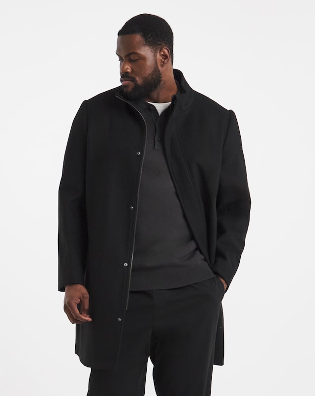 Black Wool Blend Mid Length Funnel Neck