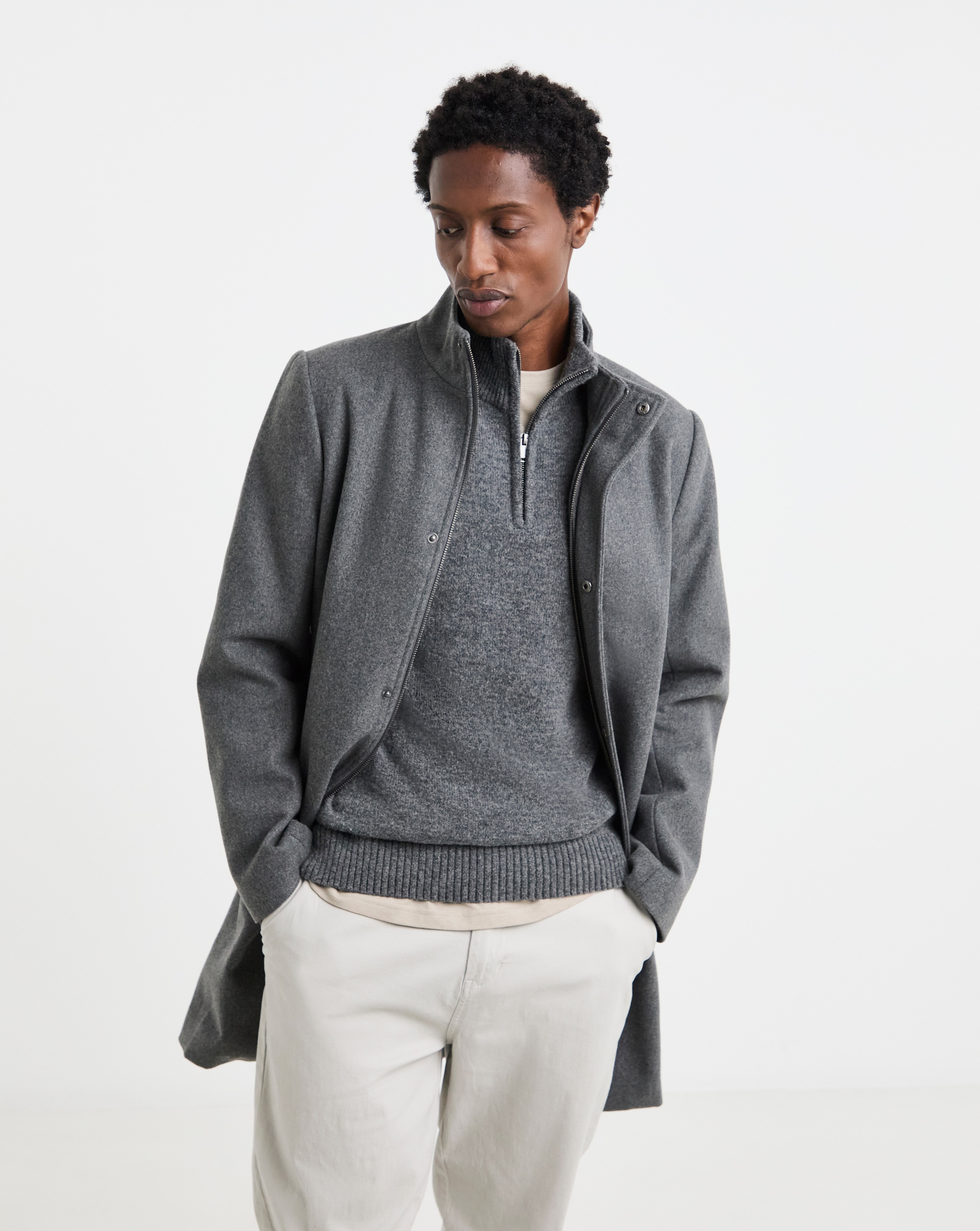 Grey Wool Blend Mid Length Funnel Neck