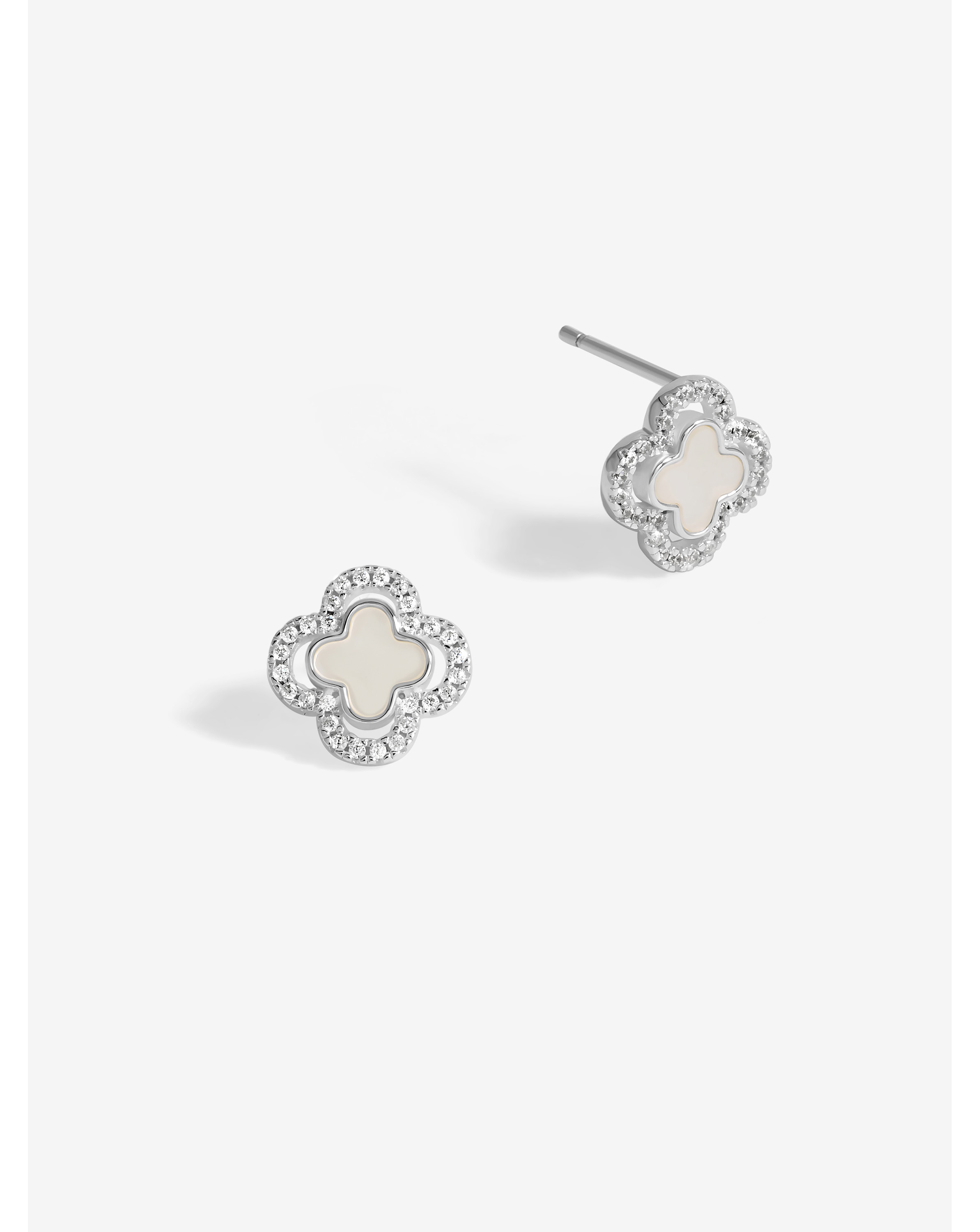 Simply Silver Pearl CZ Clover studs