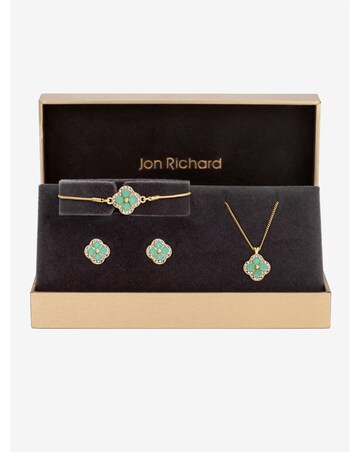 Jon Richard Gold Plated Green Clover Trio Set - Gift Boxed