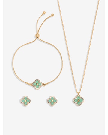 Jon Richard Gold Plated Green Clover Trio Set - Gift Boxed