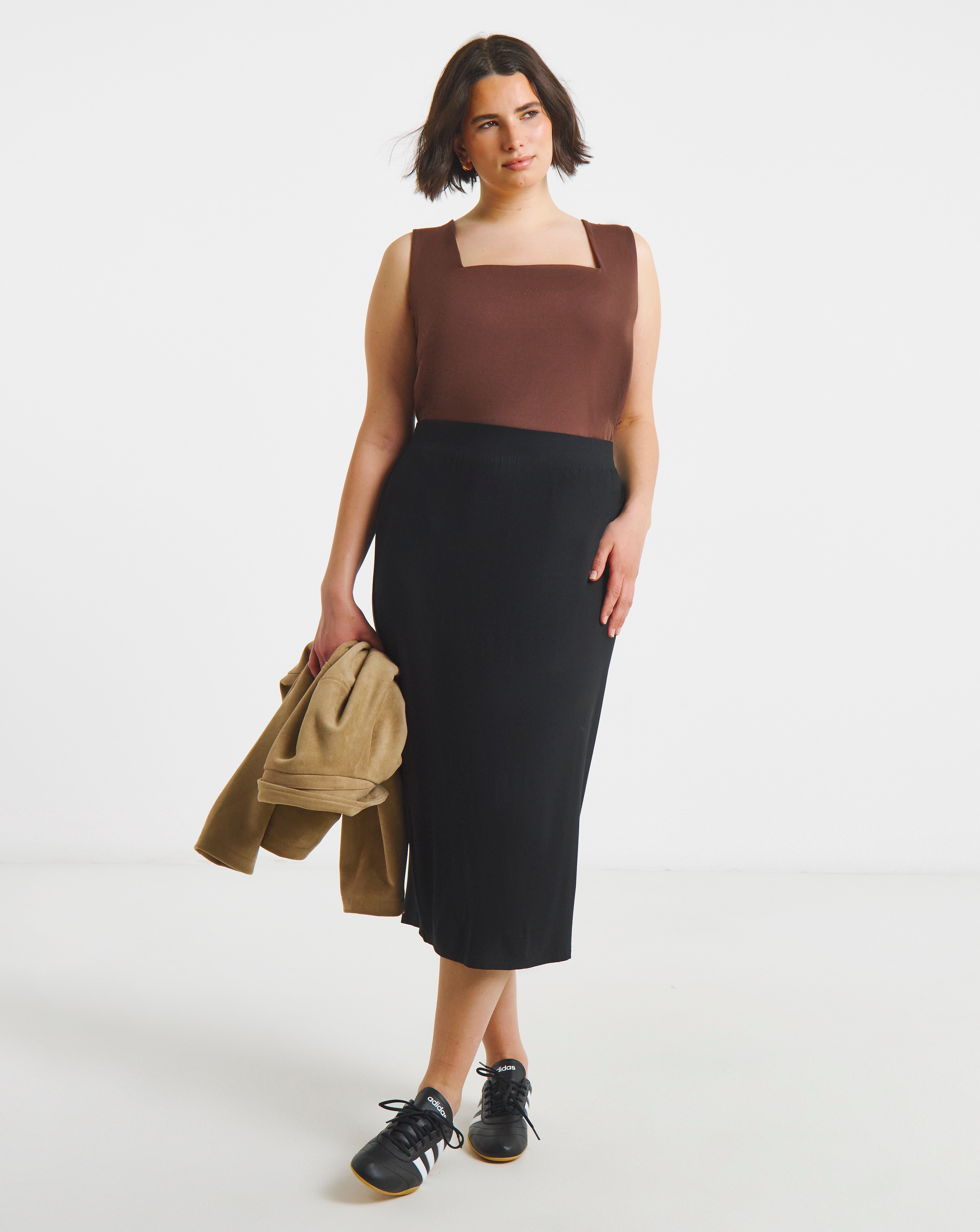 Black Jersey Tube Midi Skirt