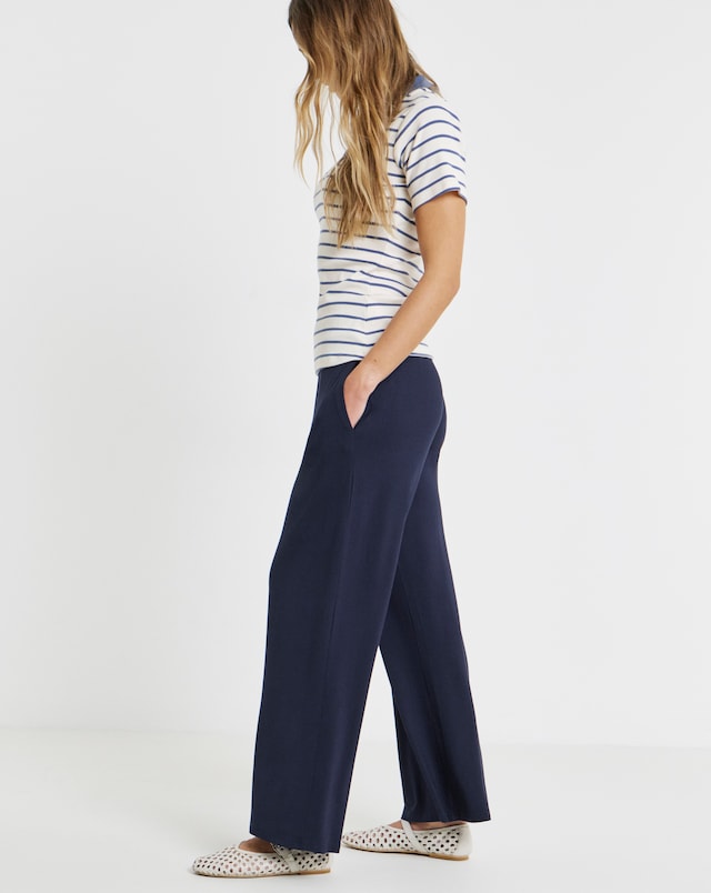 Navy Jersey Elasticated Waist Wide Leg Trouser