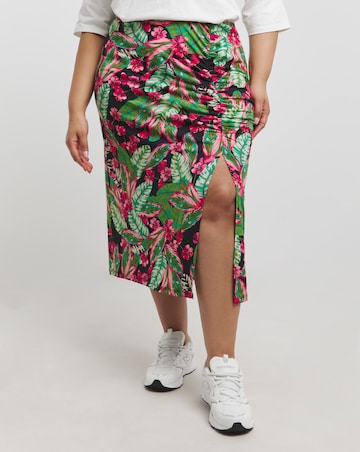 Tropical Print Ruched Detail Jersey Midi Skirt