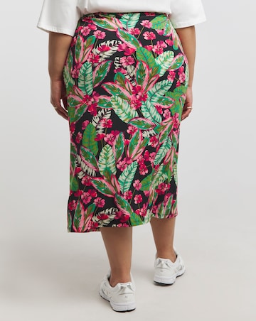 Tropical Print Ruched Detail Jersey Midi Skirt