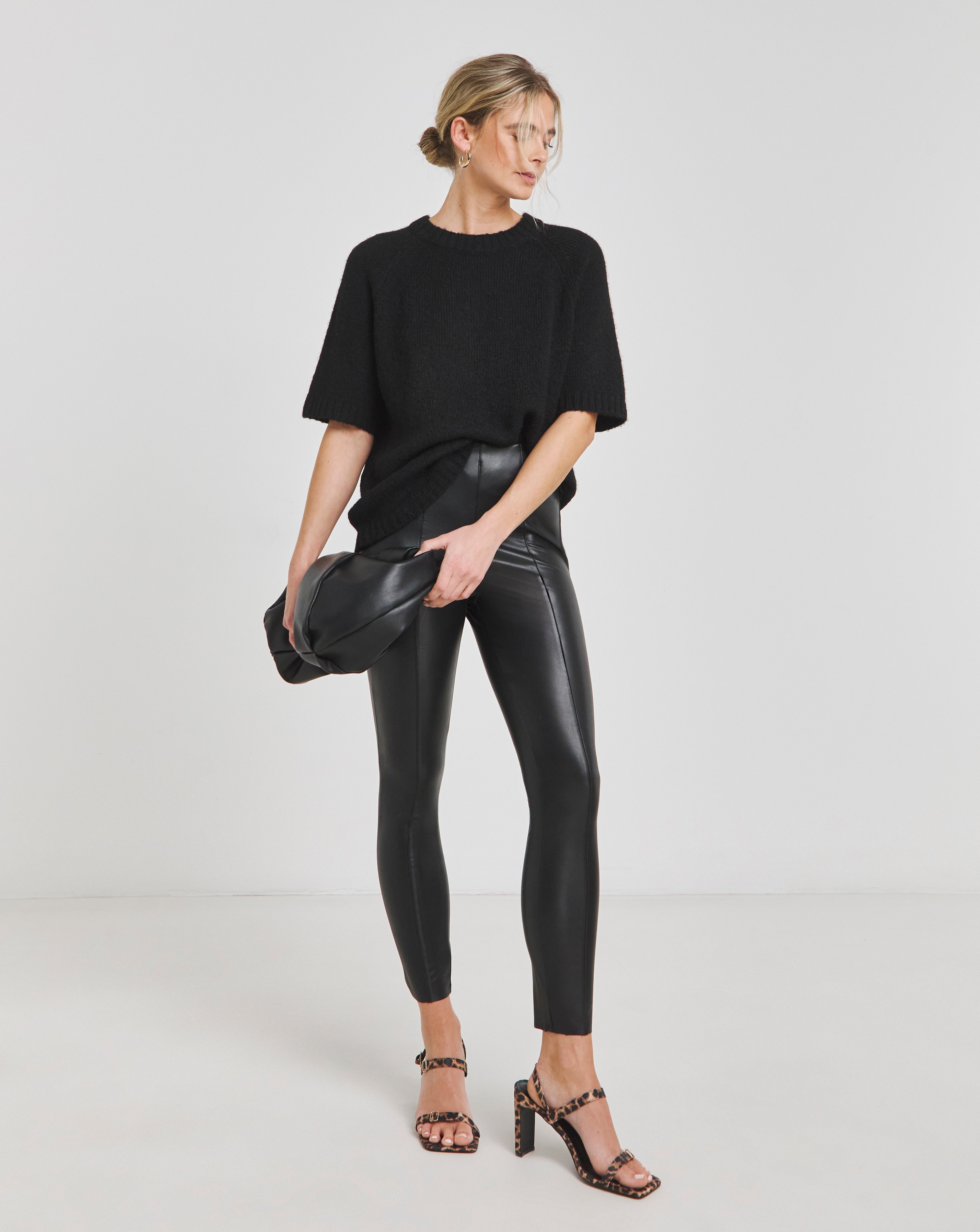 Black Seam Detail High Waist PU Leggings