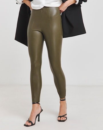 Khaki Seam Detail High Waist PU Leggings
