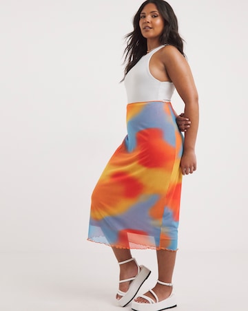 Tie Dye Mesh Overlay Midi Skirt