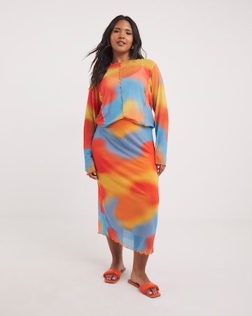 Tie Dye Mesh Overlay Midi Skirt