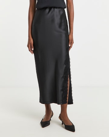 Black Satin Lace Trim Maxi Skirt