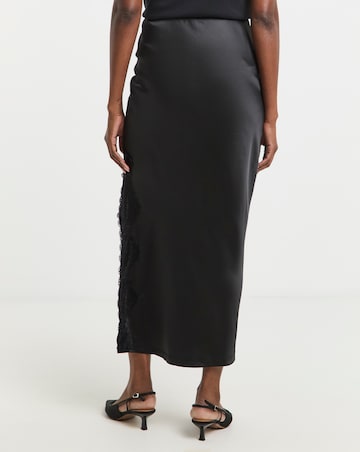 Black Satin Lace Trim Maxi Skirt