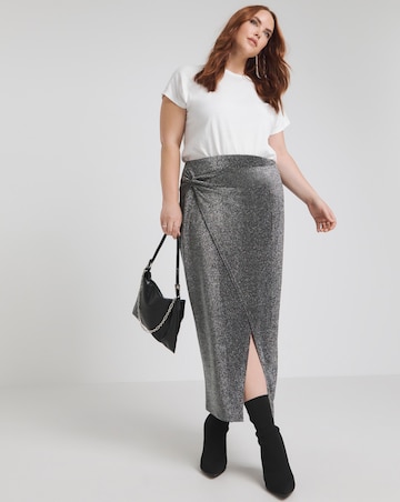 Silver Glitter Knit Twist Side Midaxi Skirt