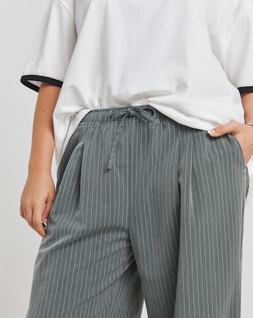 Grey Pinstripe Drawcord Waist Wide Leg Trousers
