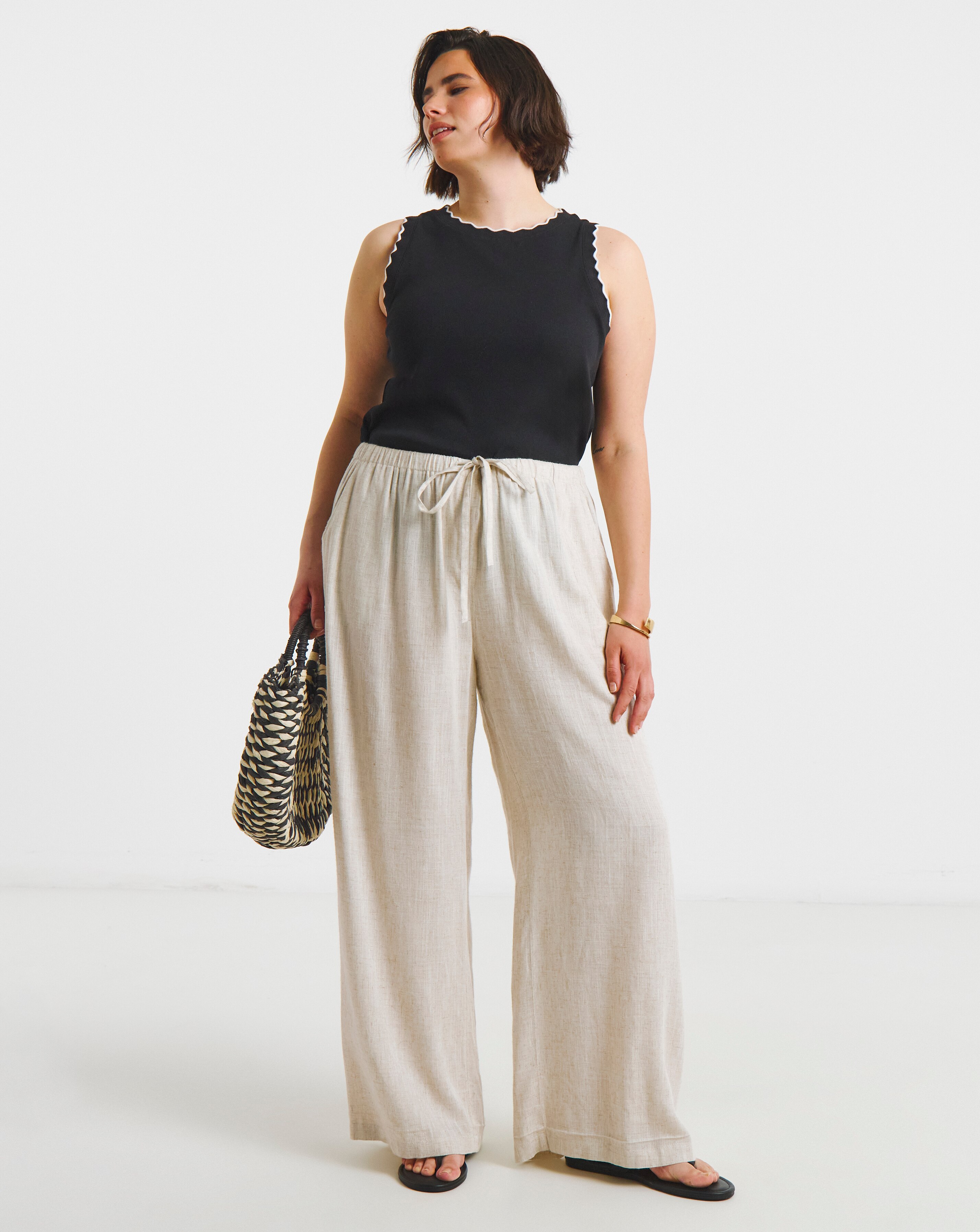 Stone Tie Waist Linen Mix Wide Leg Trousers