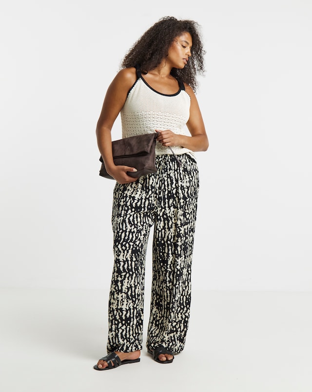 Simply Be Mono Print Crinkle Wide Leg Trousers