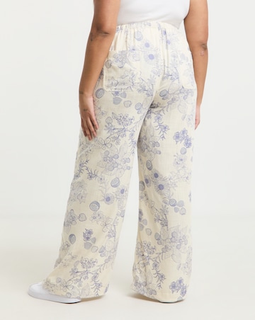 Simply Be Ivory Floral Print Tie Waist Linen Mix Wide Leg Trousers