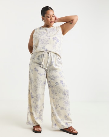Simply Be Ivory Floral Print Tie Waist Linen Mix Wide Leg Trousers