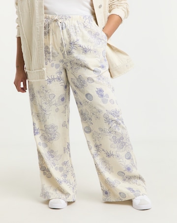 Simply Be Ivory Floral Print Tie Waist Linen Mix Wide Leg Trousers