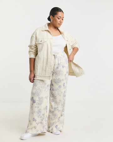 Simply Be Ivory Floral Print Tie Waist Linen Mix Wide Leg Trousers