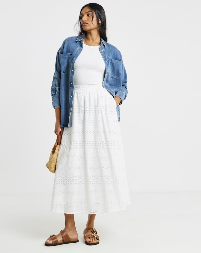 Simply Be White Boho Broderie Full Midaxi Skirt