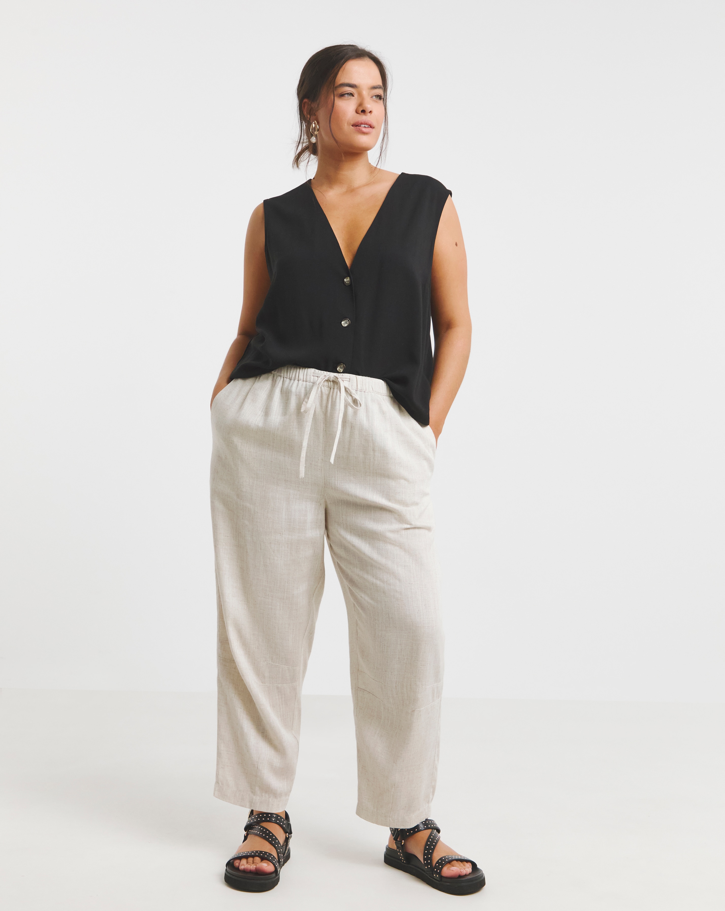 Tie Waist Linen Mix Barrel Leg Trouser