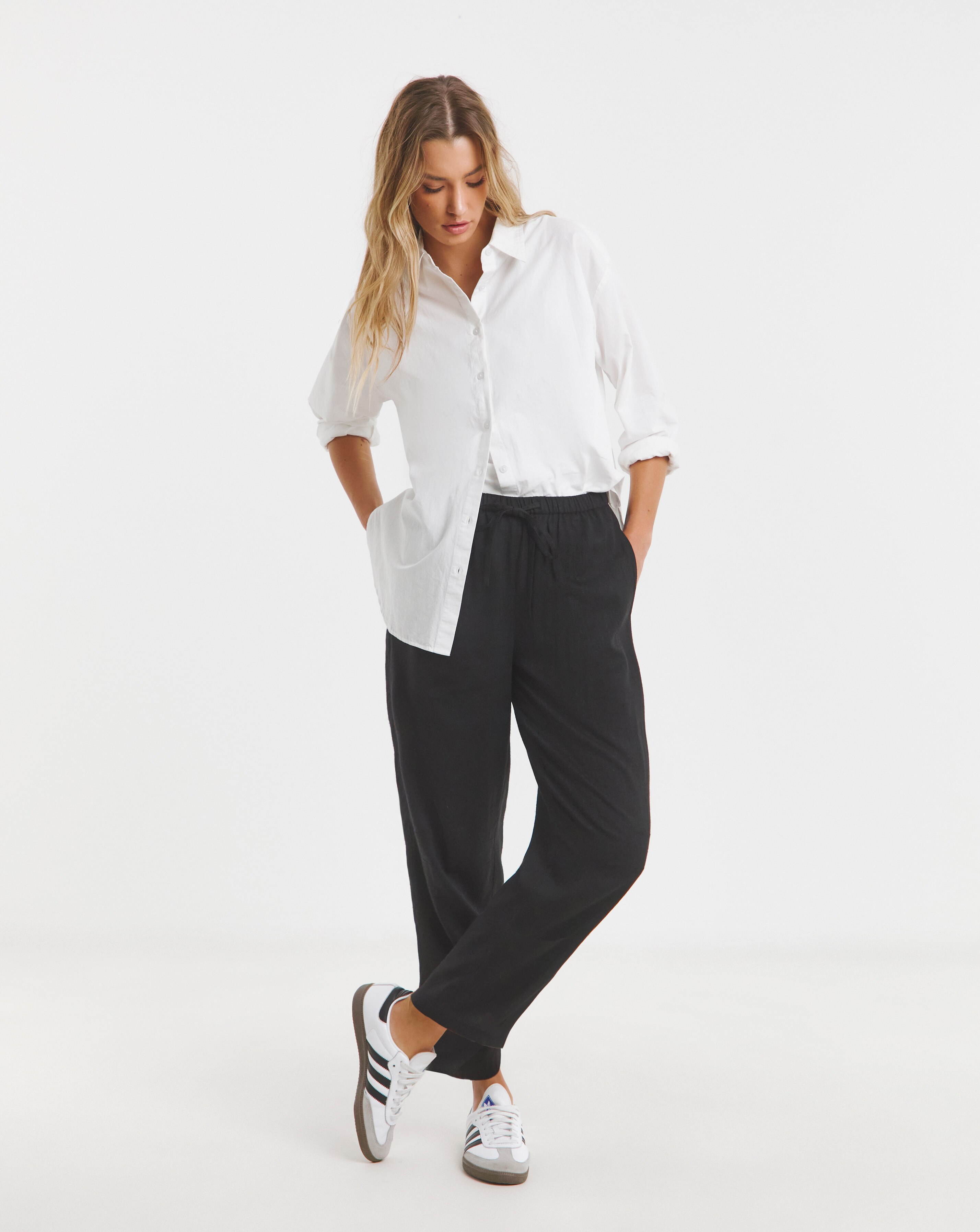 Simply Be Black Tie Waist Linen Mix Barrel Leg Trouser