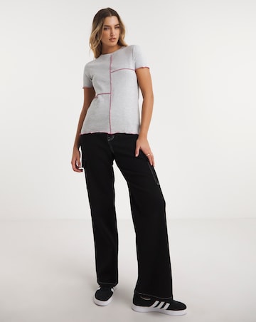 Grey Marl Contrast Seam Detail Top