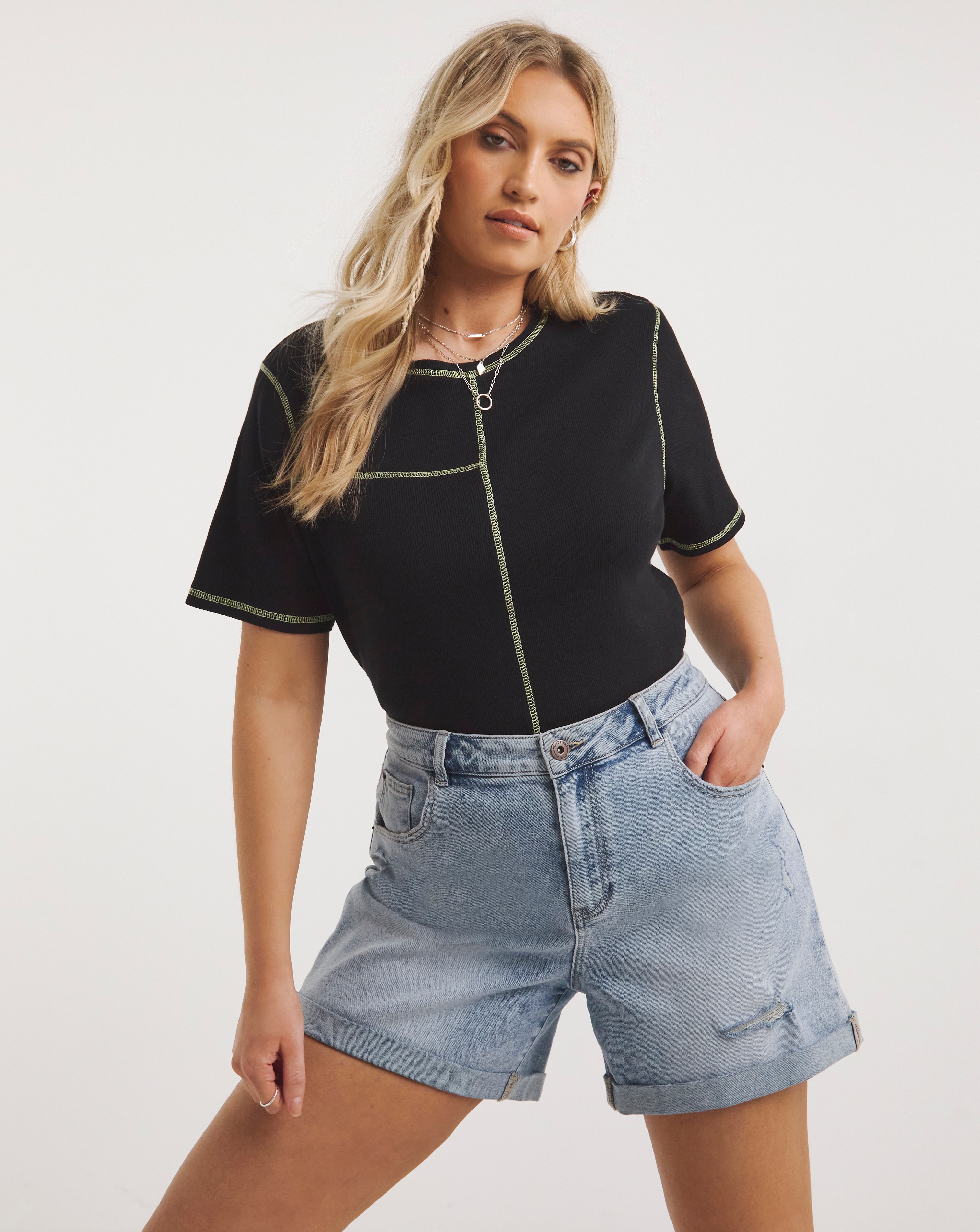 Black Contrast Seam Ribbed Top