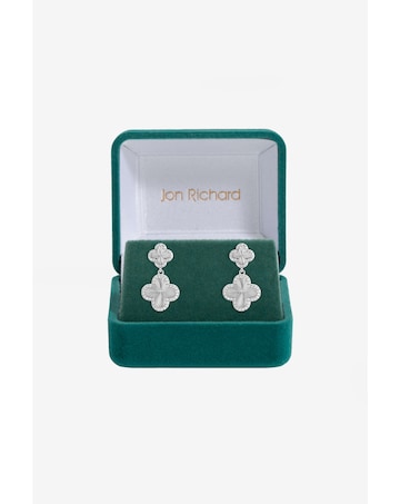 Jon Richard Rhodium Plated and Diamond Clover Double Drop Earrings - Gift Box