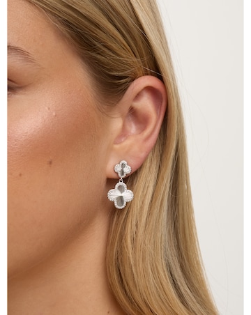 Jon Richard Rhodium Plated and Diamond Clover Double Drop Earrings - Gift Box