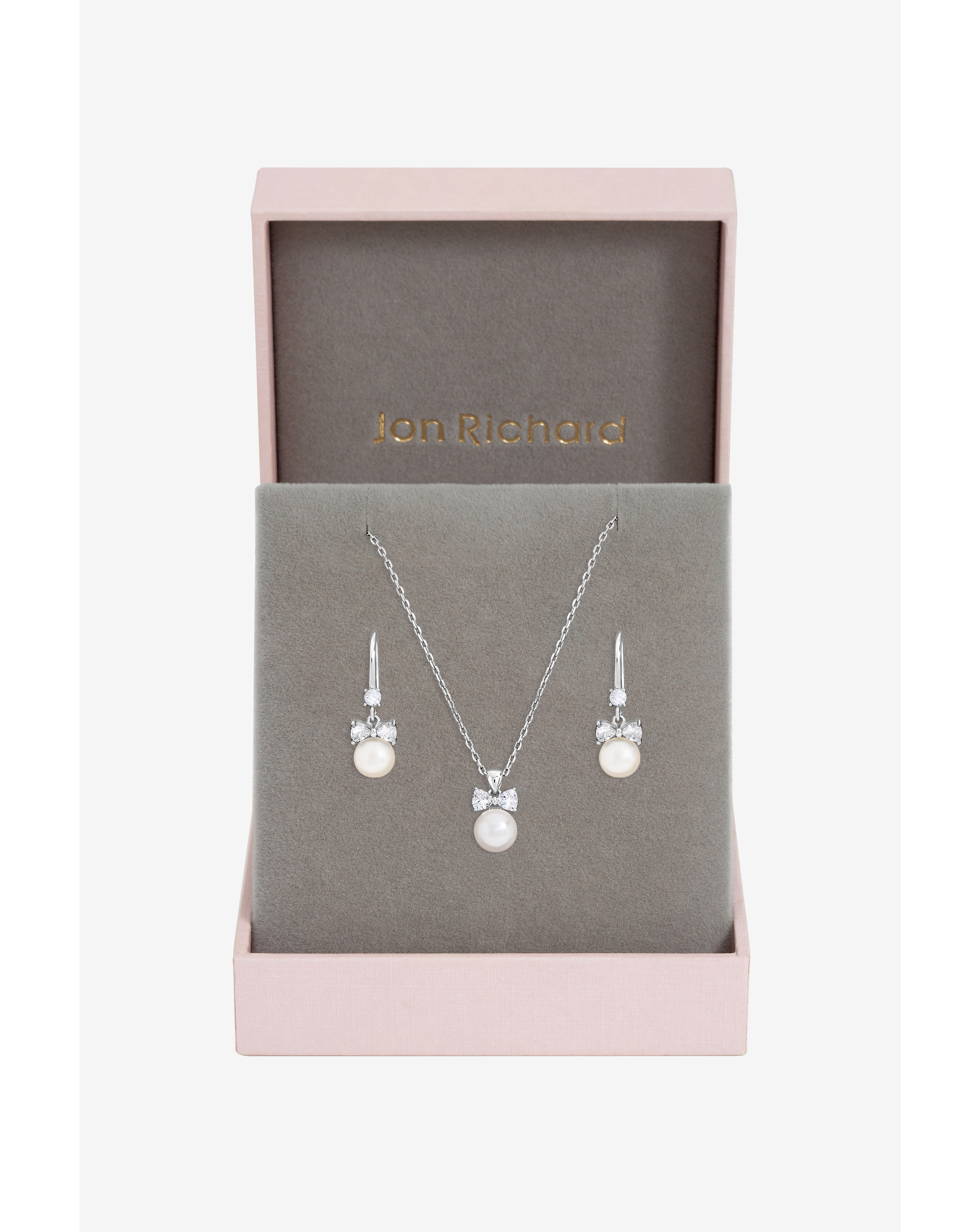 Rhodium Plated Crystal Bow Pearl Set