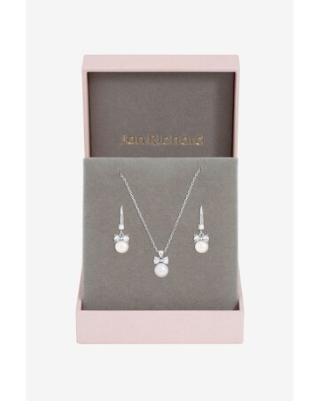 Jon Richard Rhodium Plated Crystal Bow and Pearl Drop Set - Gift Box