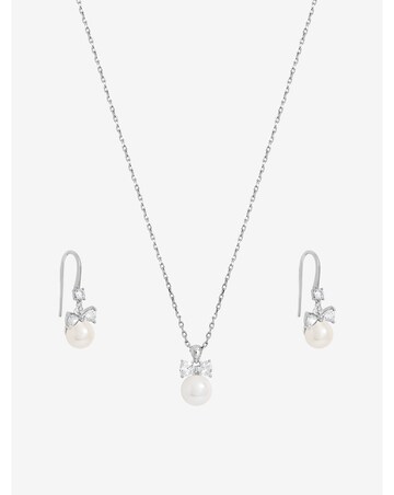 Jon Richard Rhodium Plated Crystal Bow and Pearl Drop Set - Gift Box