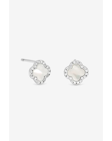 Simply Silver Sterling Silver 925 Pave Mother of Pearl Clover Stud Earrings