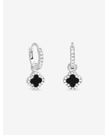 Simply Silver Sterling Silver 925 Pave and Jet Clover Charm Huggie Hoop Earrings
