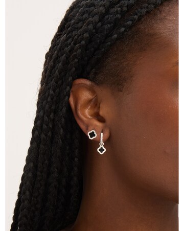 Simply Silver Sterling Silver 925 Pave and Jet Clover Charm Huggie Hoop Earrings