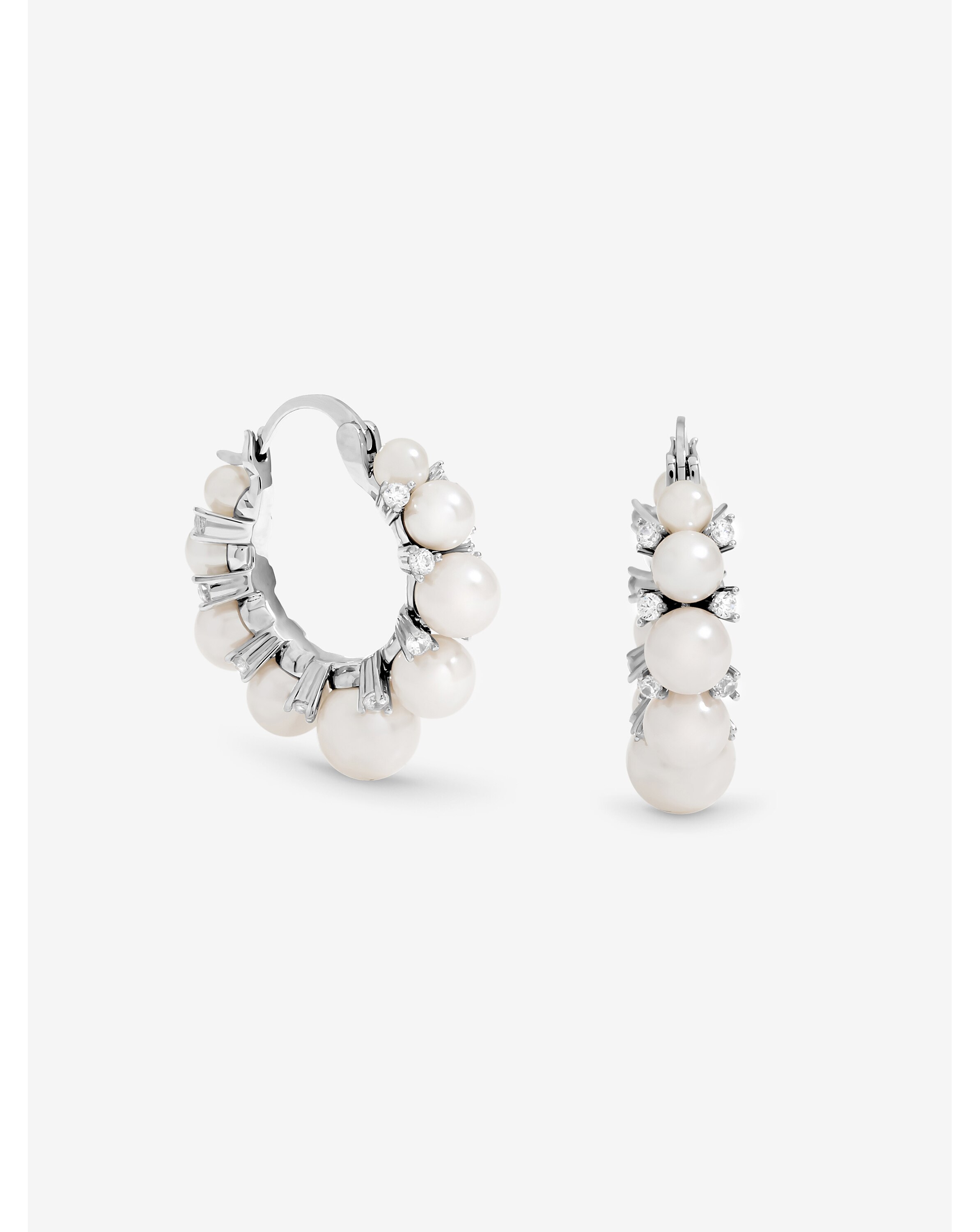 Rhodium Plated Pearl Crystal Hoops