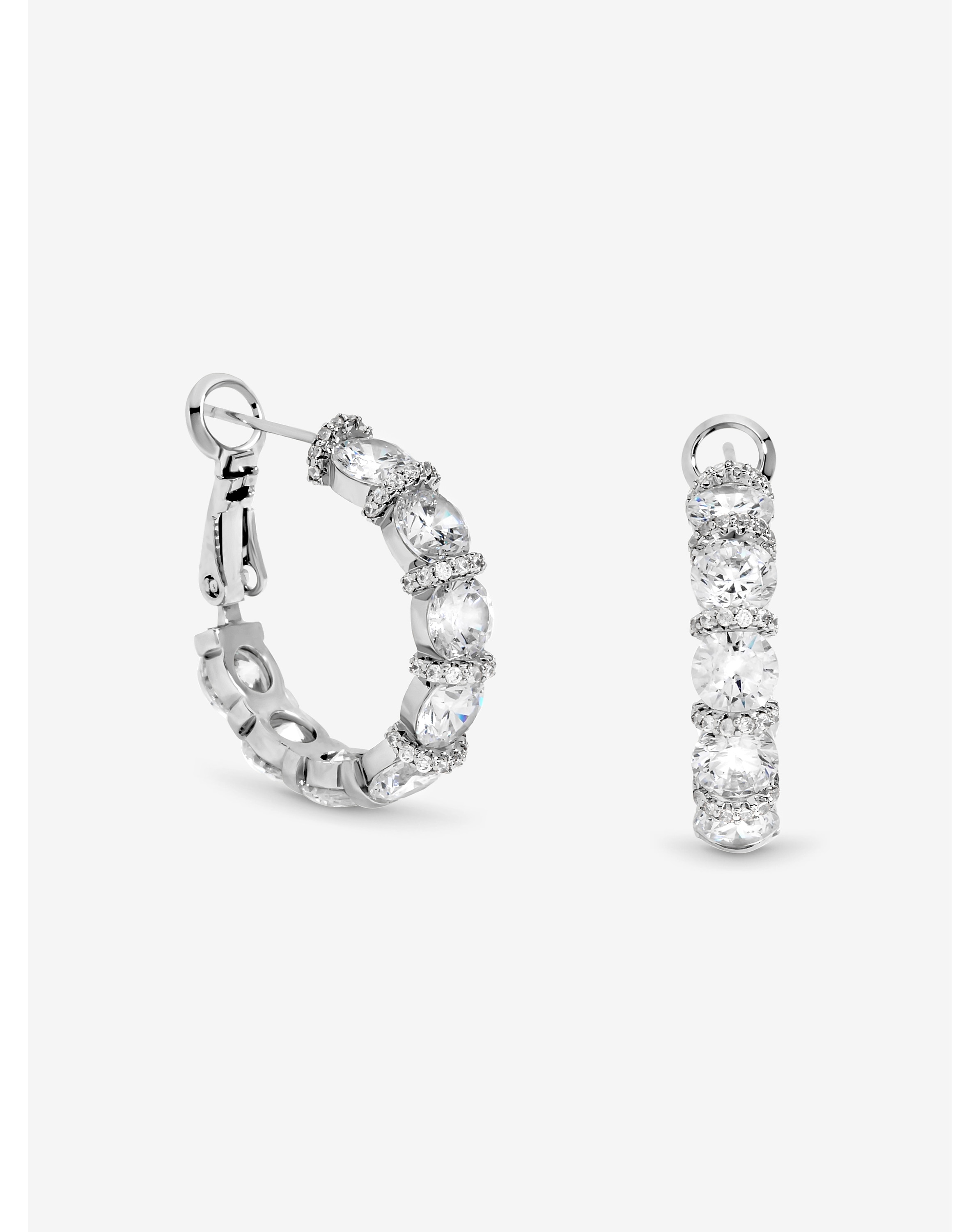 Rhodium Plated CZ Round Stone Hoops