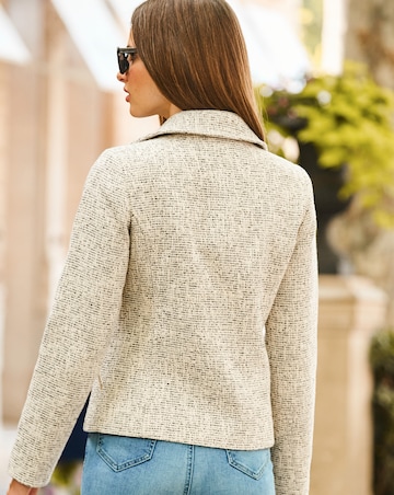 Sosandar Natural Boucle Biker Jacket With Gold Zip Detail