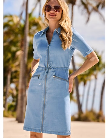 Sosandar Zip Front A Line Denim Dress