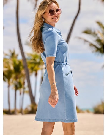 Sosandar Zip Front A Line Denim Dress