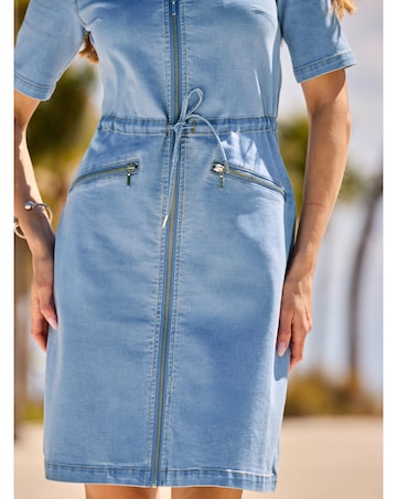 Sosandar Zip Front A Line Denim Dress