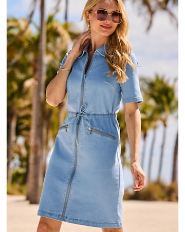 Sosandar Zip Front A Line Denim Dress