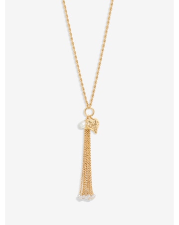 Mood Gold Hammered Heart Pearl Chain Long Pendant Necklace