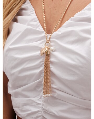 Mood Gold Hammered Heart Pearl Chain Long Pendant Necklace