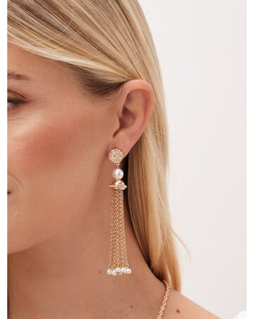 Mood Gold Pearl Chain Tassel Drop Earrings