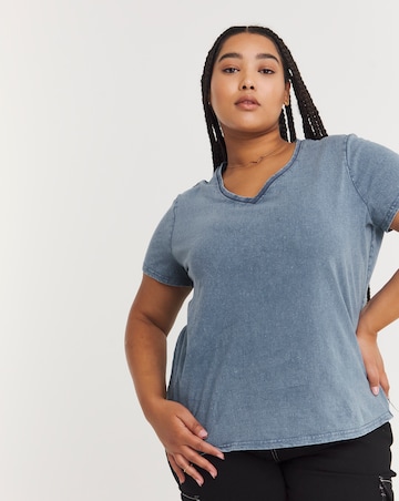 Washed Blue Slub V Neck Tee